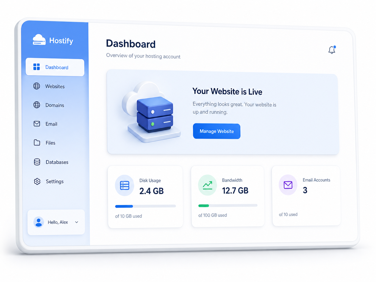 Nubiux hosting control panel dashboard
