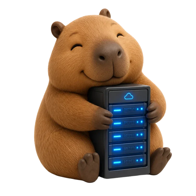 Nubi, the Nubiux capybara mascot, hugging a server