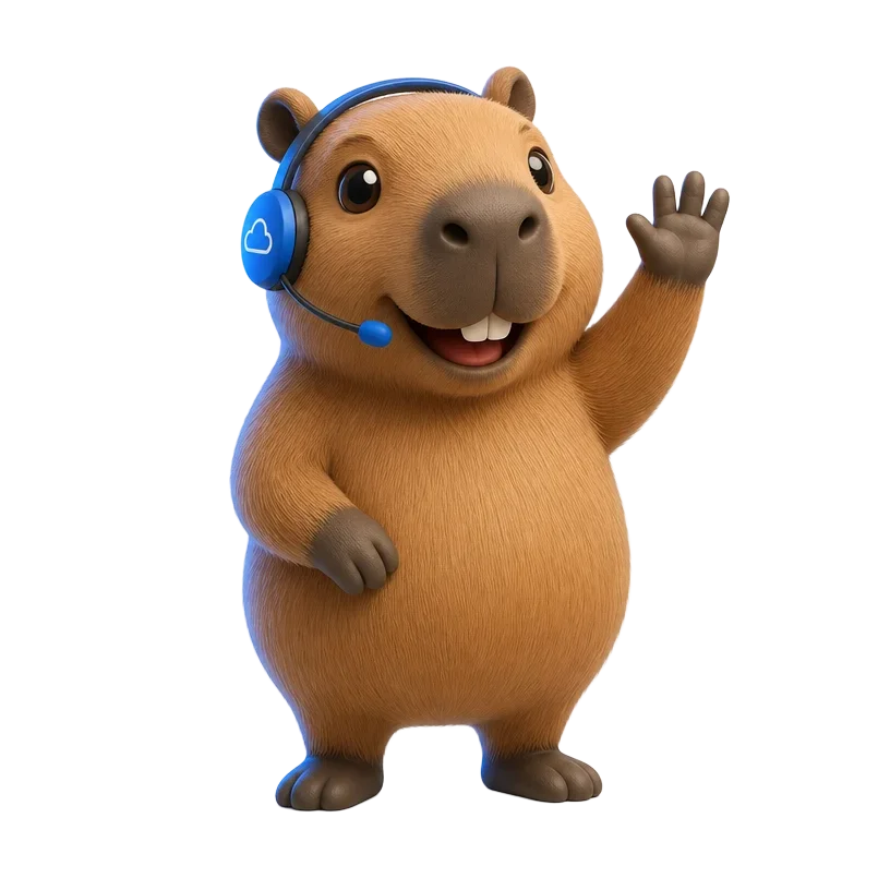 Nubi, the Nubiux capybara mascot, waving with a headset